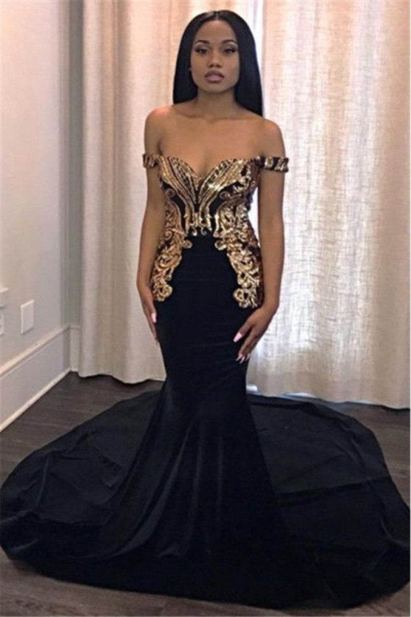 Jacob Classical Black Off Shoulder Appliques Mermaid Prom Dresses With Court Train