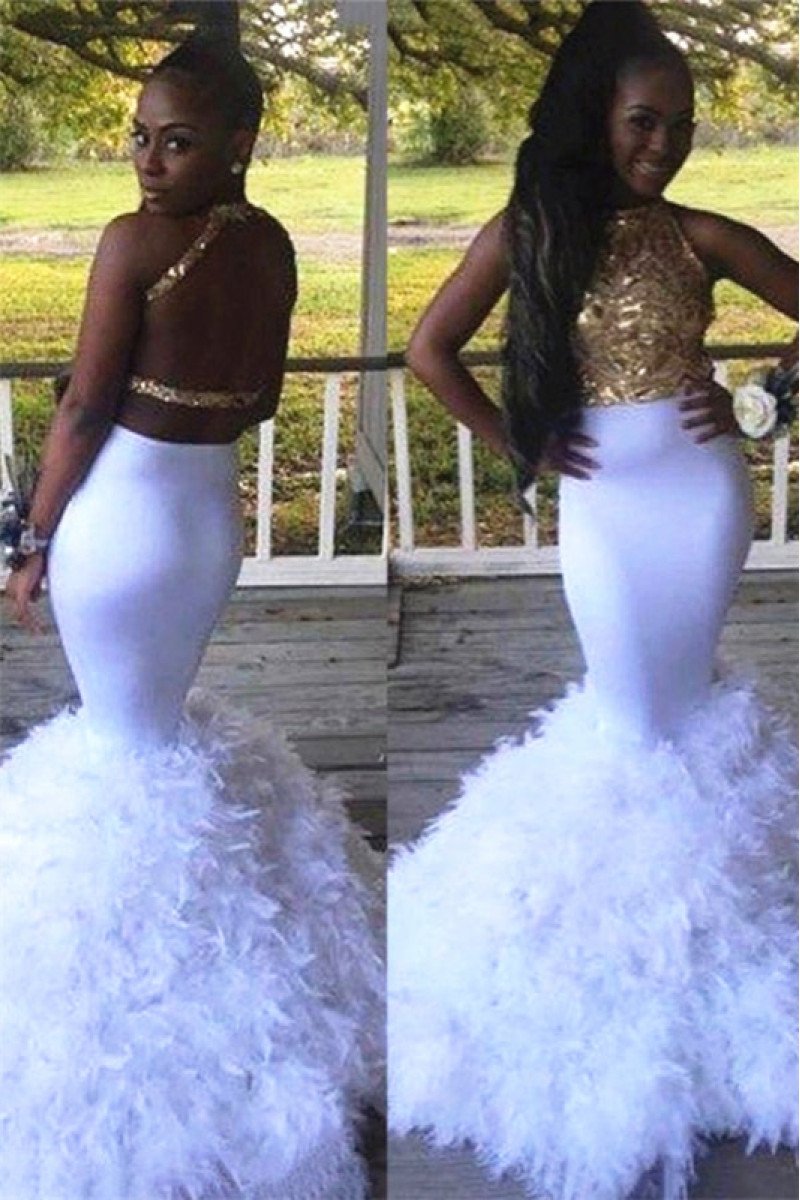 Jacqueline Chic White Halter Backless Appliques Mermaid Prom Dresses With Puffy Layers