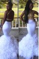 Jacqueline Chic White Halter Backless Appliques Mermaid Prom Dresses With Puffy Layers