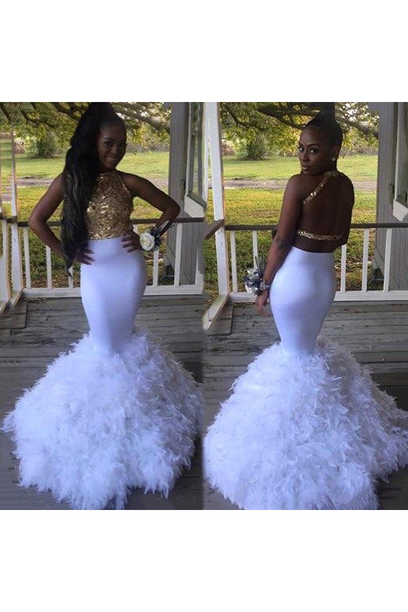 Jacqueline Chic White Halter Backless Appliques Mermaid Prom Dresses With Puffy Layers