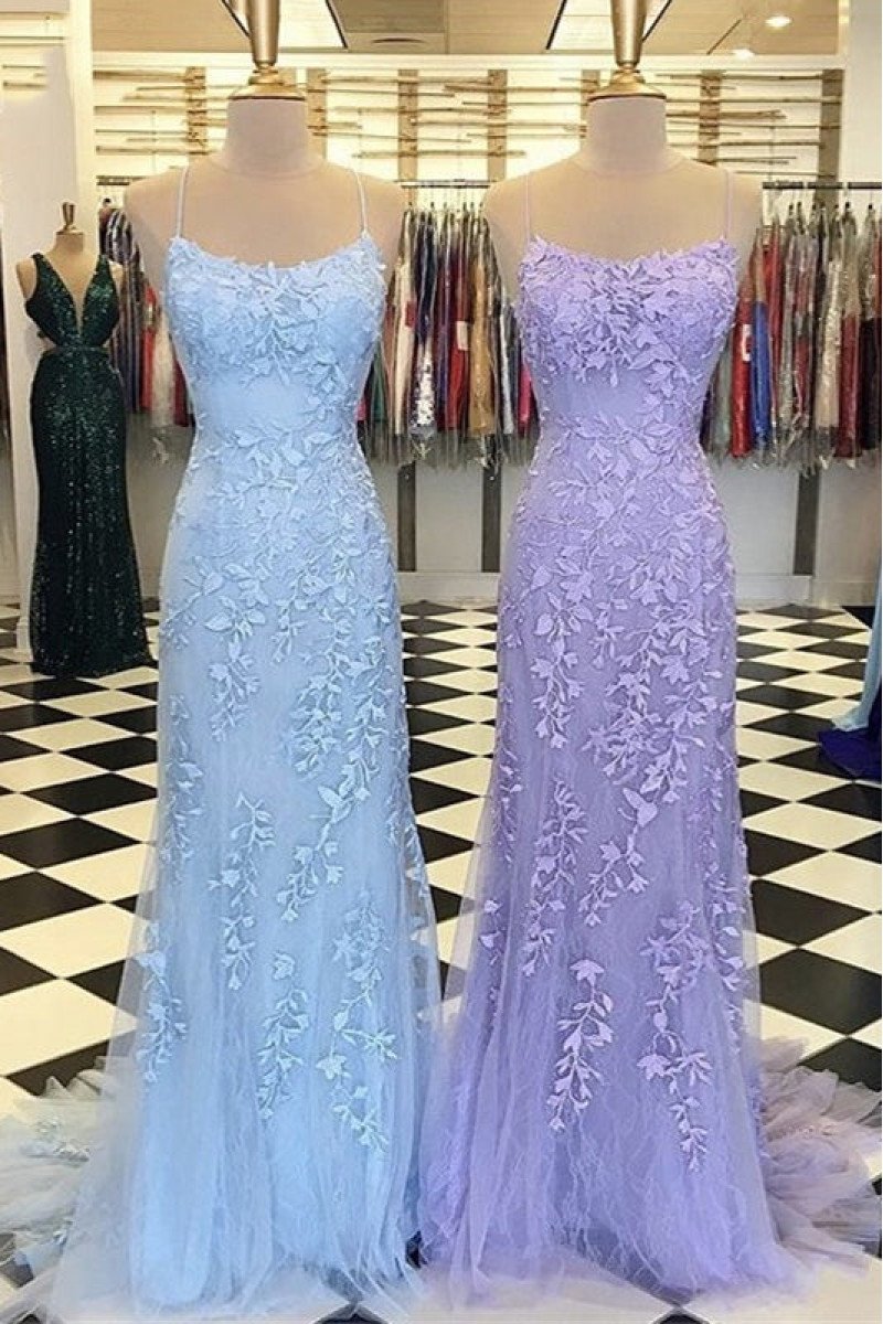 Arlene Beautiful Blue Spaghetti Straps Appliques Sheath Prom Dresses