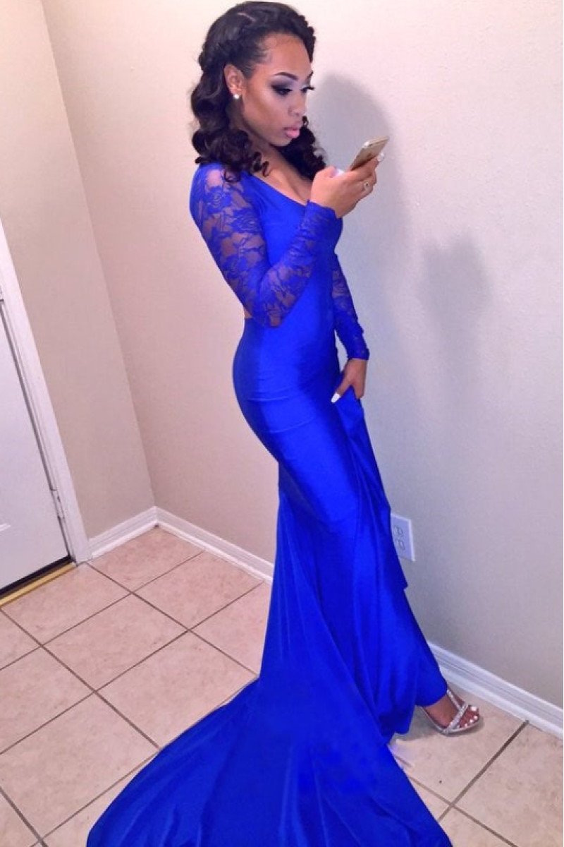 Arthur Charming Royal Blue V-Neck Long Sleeves Open Back Appliques Sheath Prom Dresses