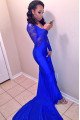 Arthur Charming Royal Blue V-Neck Long Sleeves Open Back Appliques Sheath Prom Dresses