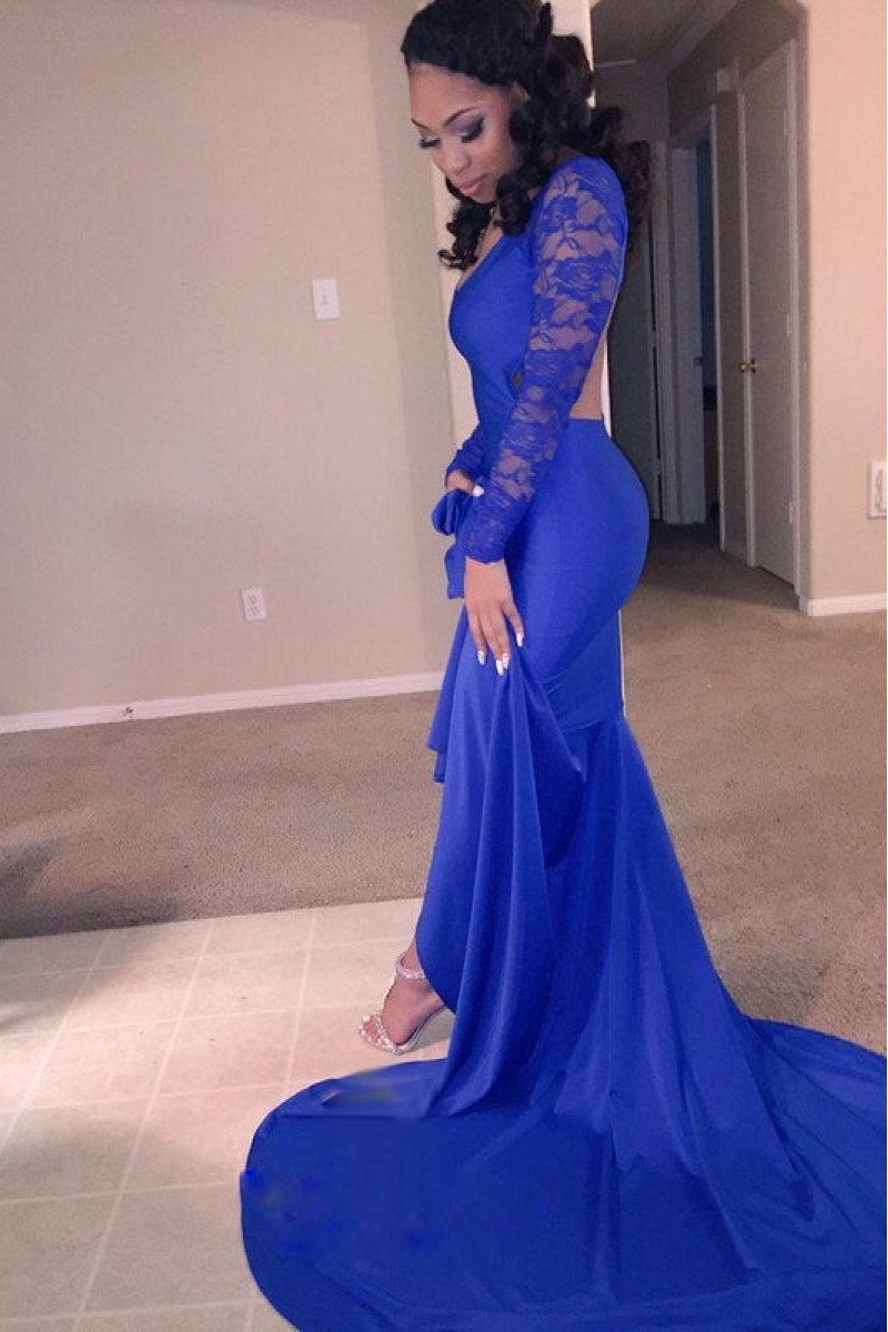 Arthur Charming Royal Blue V-Neck Long Sleeves Open Back Appliques Sheath Prom Dresses