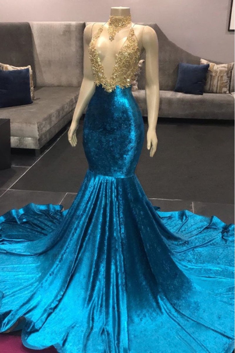 Blanche Luxury Gold High Neck Keyhole Velvet Mermaid Prom Dresses With Appliques