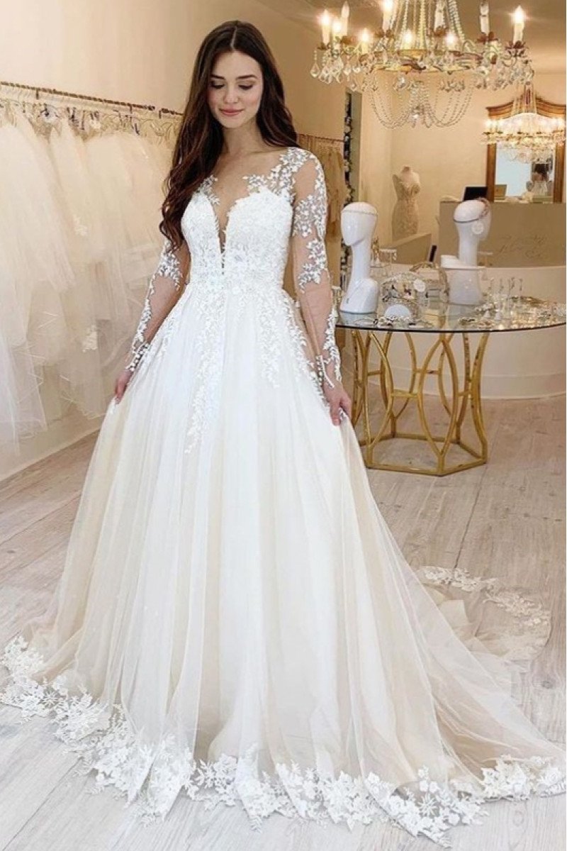 Alexia Beautiful Square Long Sleeves Appliques Ball Gown Wedding Dresses