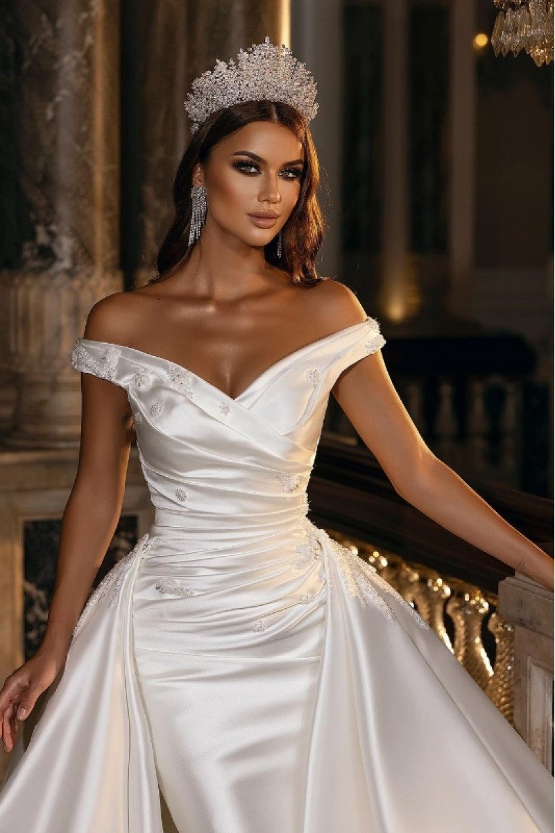 Alice Simple Off Shoulder Panel Train Sheath Wedding Dresses