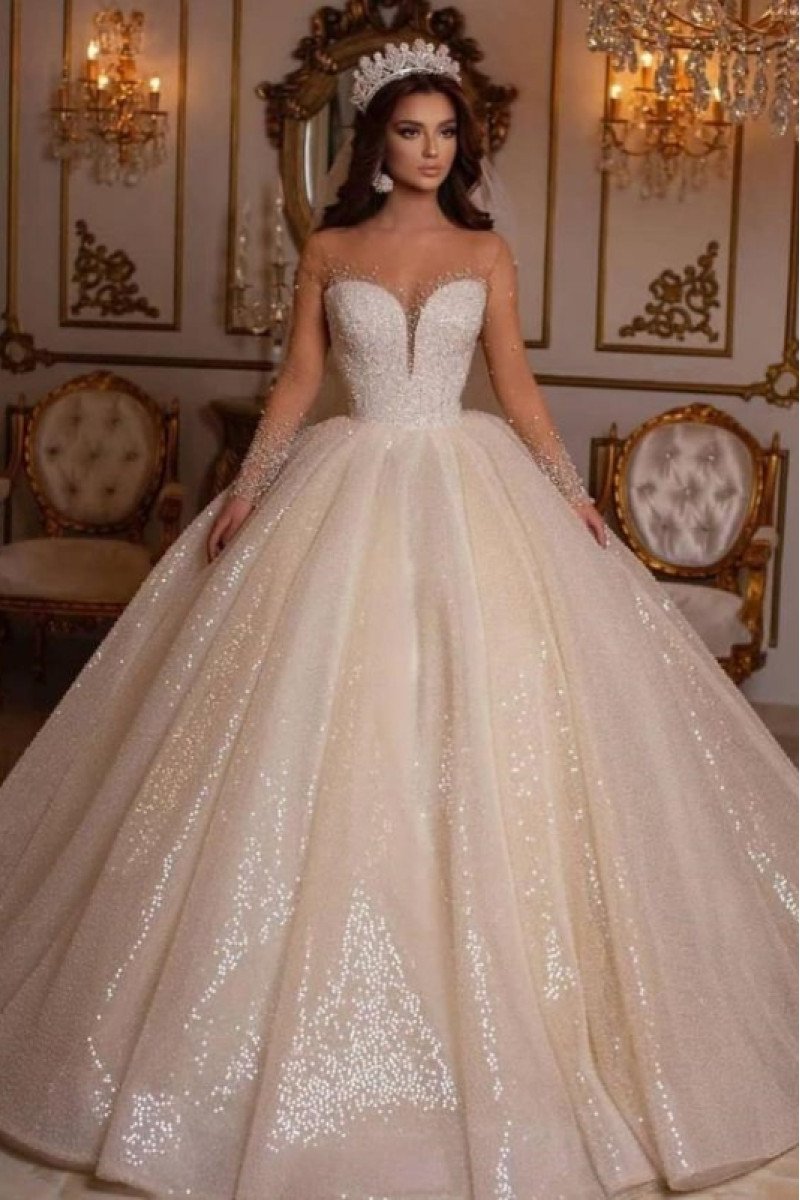 Allison Sparkle Off Shoulder Long Sleeves Sequins Ball Gown Wedding Dresses 