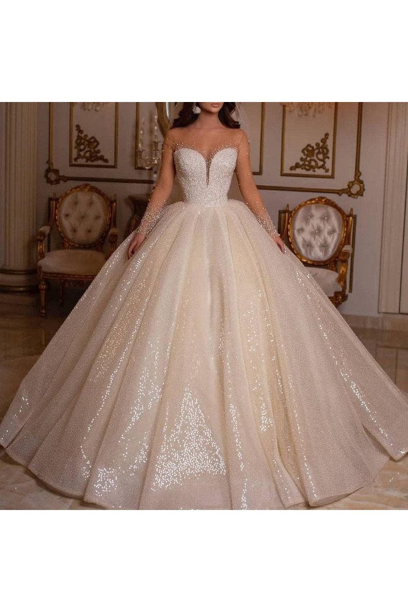 Allison Sparkle Off Shoulder Long Sleeves Sequins Ball Gown Wedding Dresses 