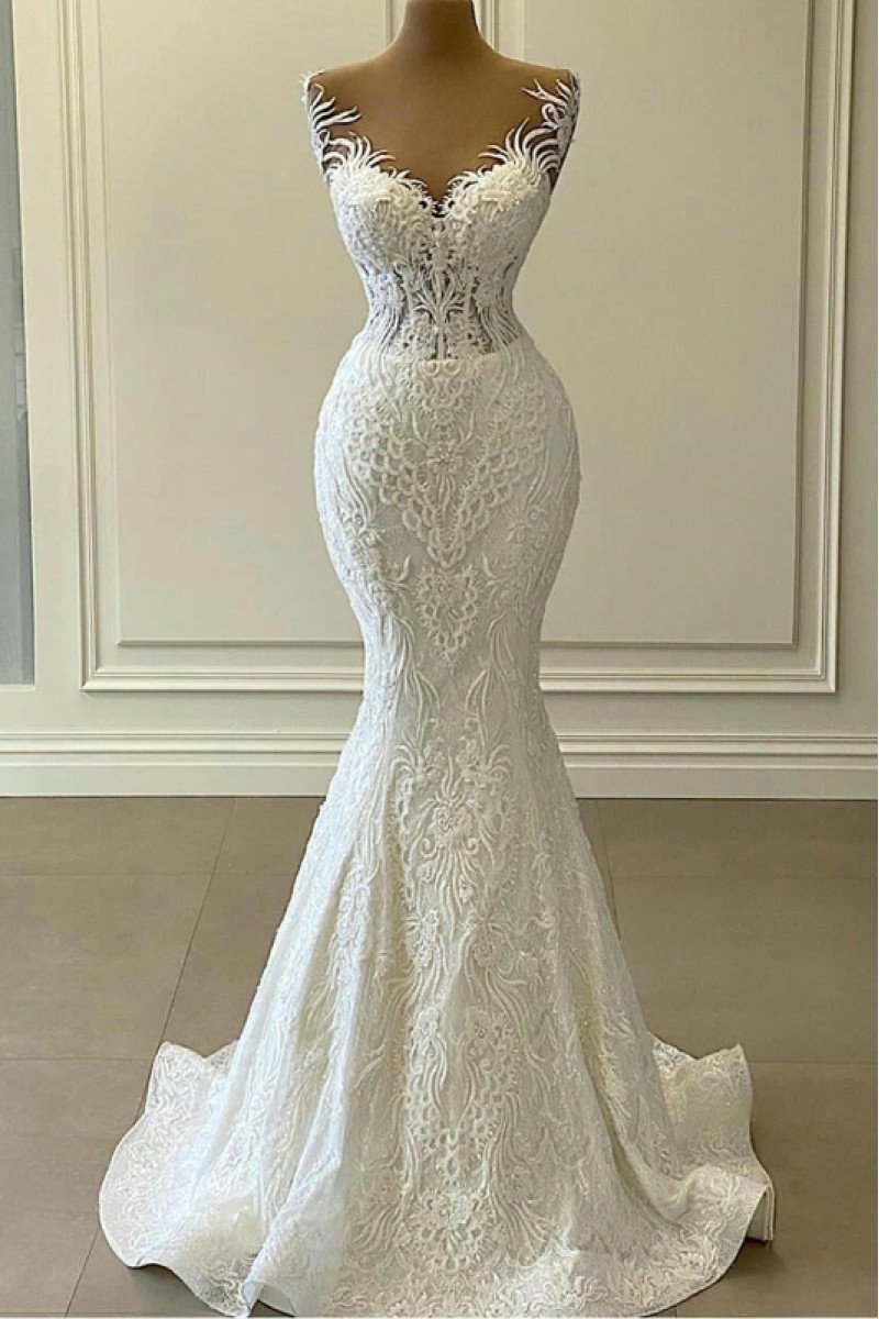 Alma Elegant Off Shoulder Panel Rain Lace Mermaid Wedding Dresses