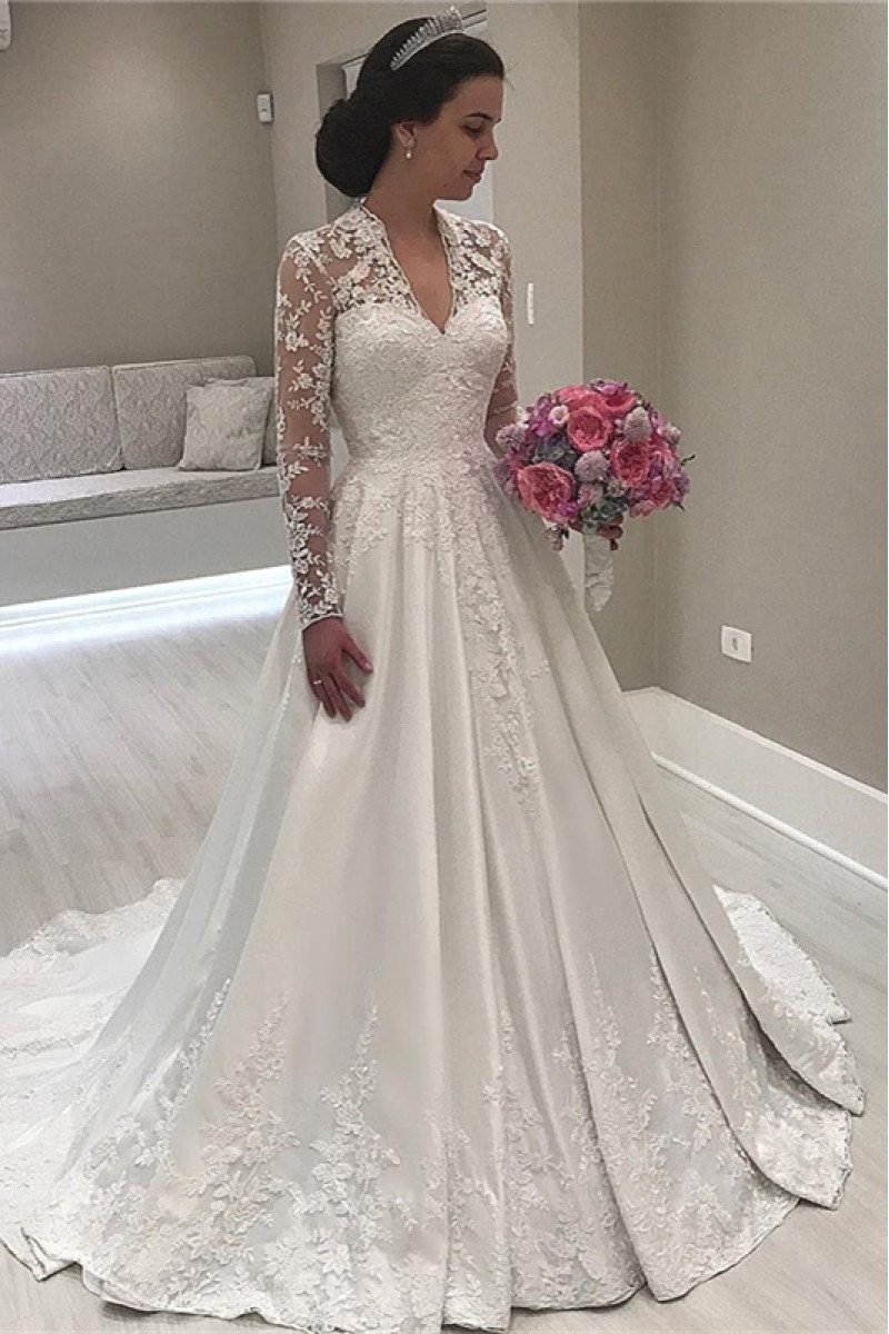 Amber Beautiful V-Neck Long Sleeves Appliques A-Line Wedding Dresses