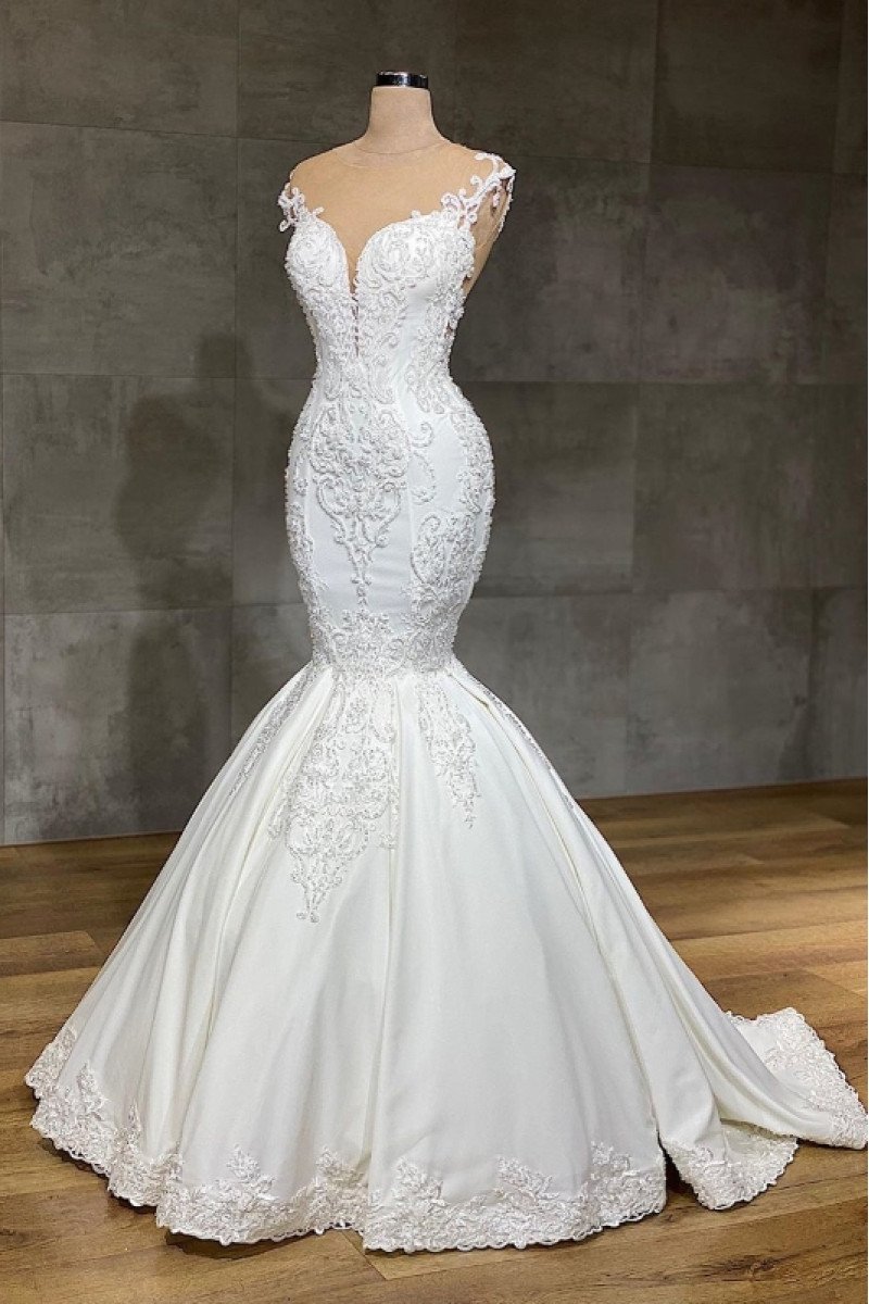 Angela Chic Off Shoulder Open Back Appliques Mermaid Wedding Dresses