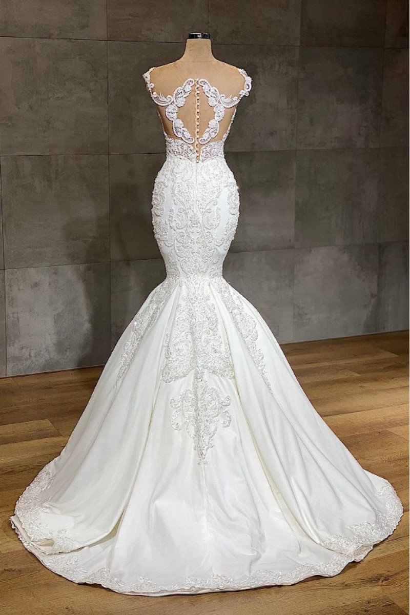 Angela Chic Off Shoulder Open Back Appliques Mermaid Wedding Dresses