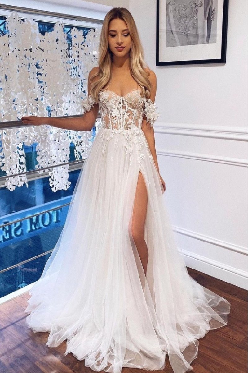 Anita Charming Off Shoulder Side Slit Appliques A-Line Wedding Dresses