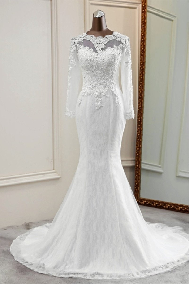 Ann Dignified Jewel Long Sleeves Open Back Appliques Mermaid Wedding Dresses