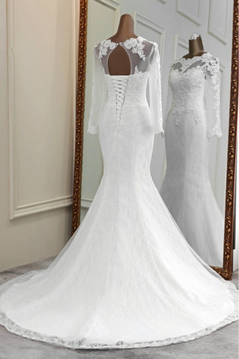 Ann Dignified Jewel Long Sleeves Open Back Appliques Mermaid Wedding Dresses