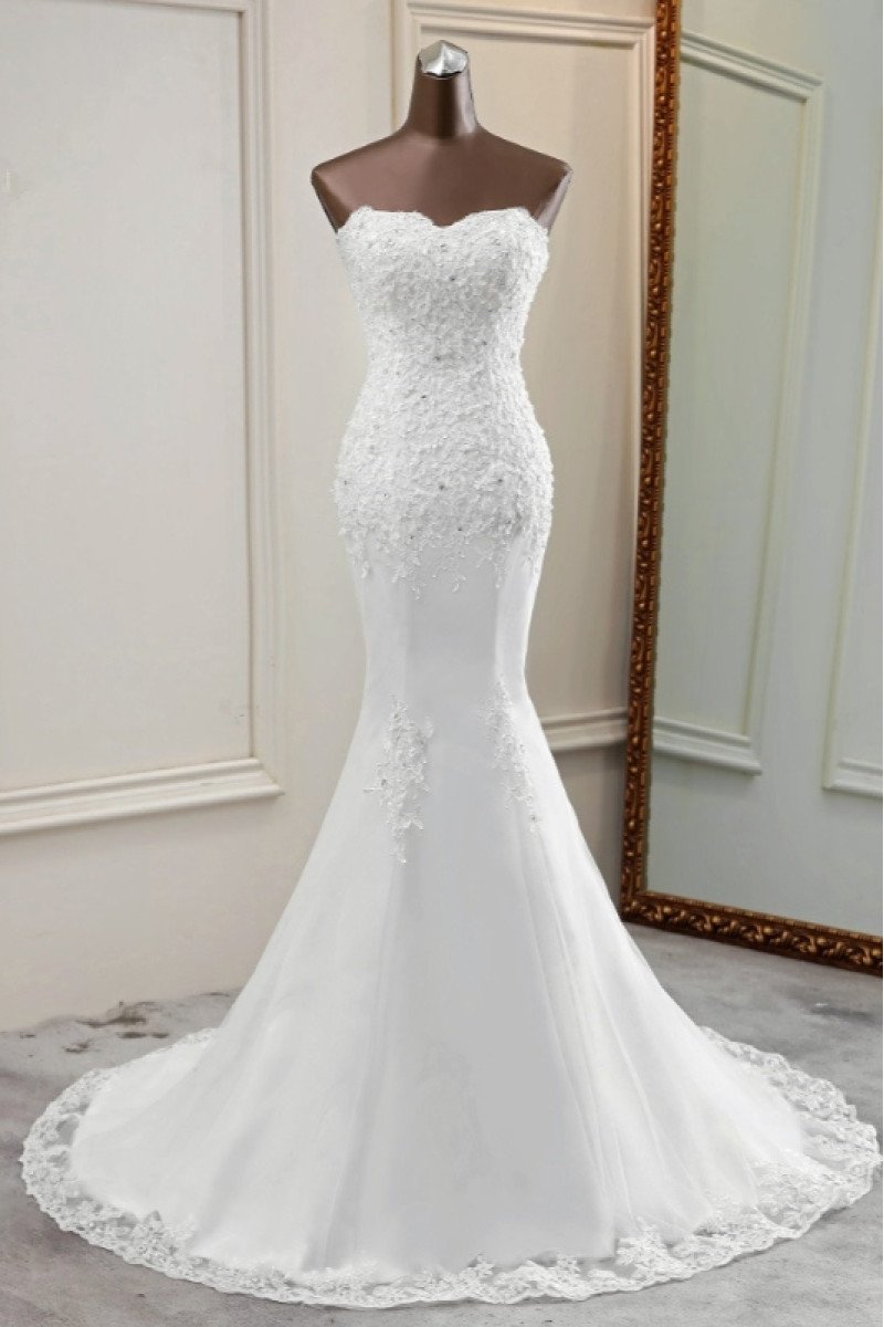 Anna Decent Sweetheart Lace Up Appliques Mermaid Wedding Dresses With Court Train