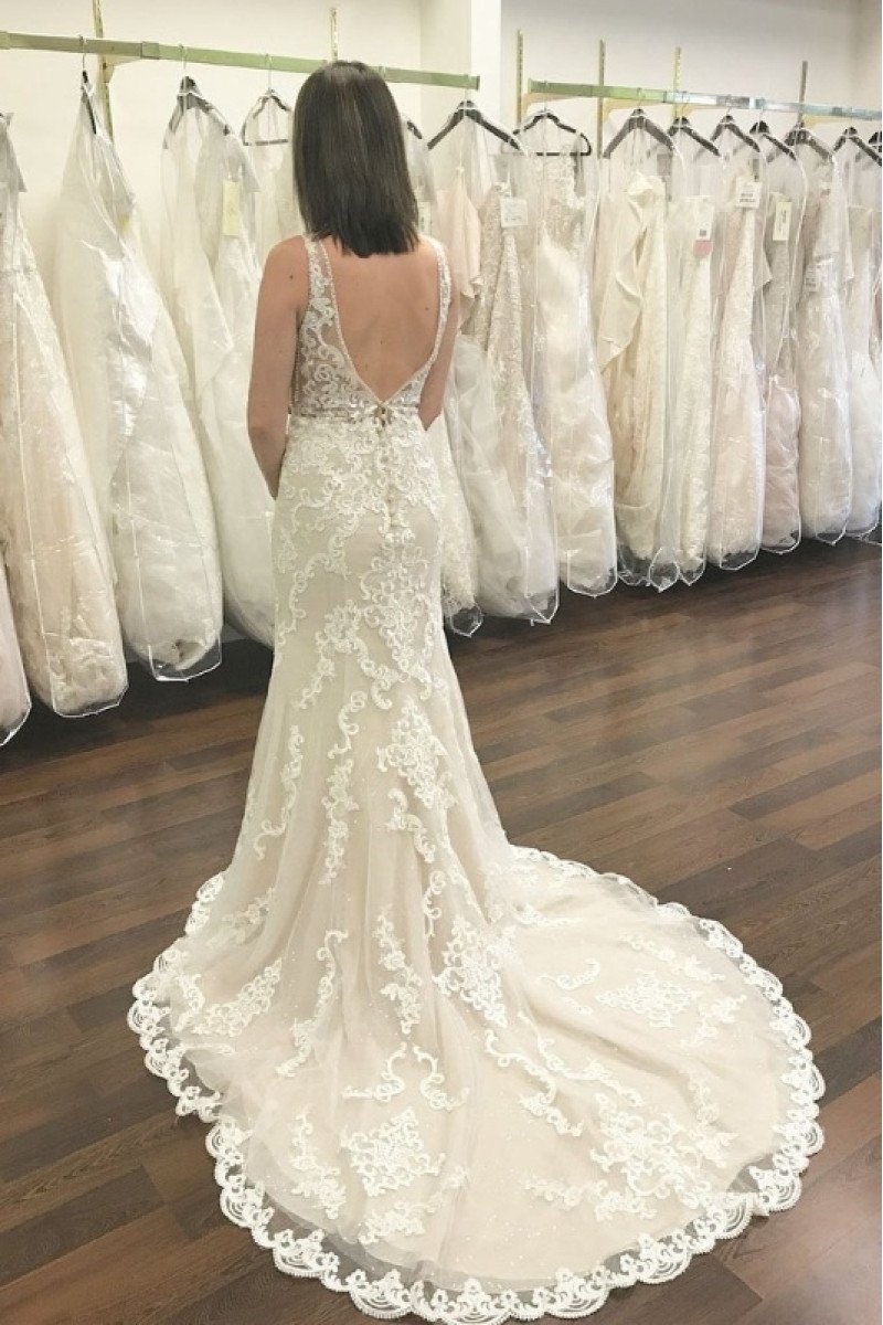 Annabelle Exquisite V-Neck Open Back Appliques Court Train Sheath Wedding Dresses