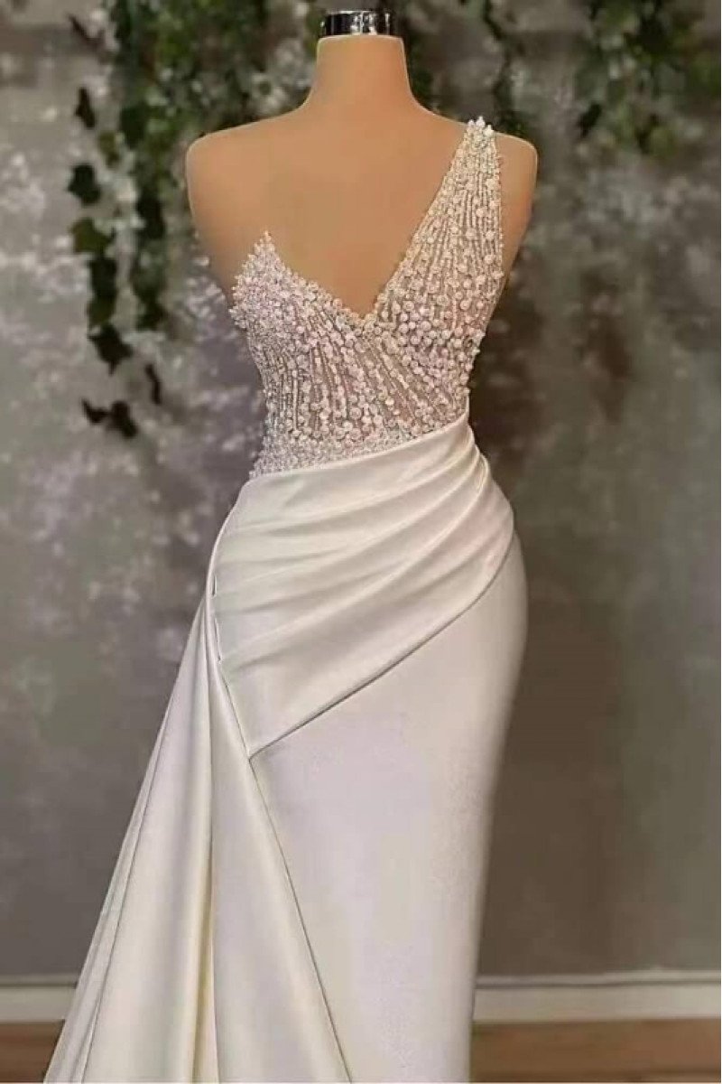 Antonia Fashion One Shoulder Beading Sheath Wedding Dresses With Chapel Train